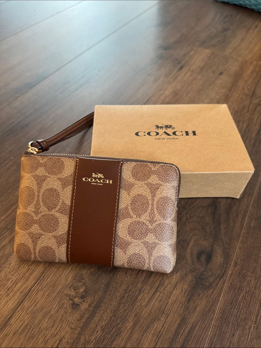 Coach Brown Signature Monogram Wristlet with Leather Trim
